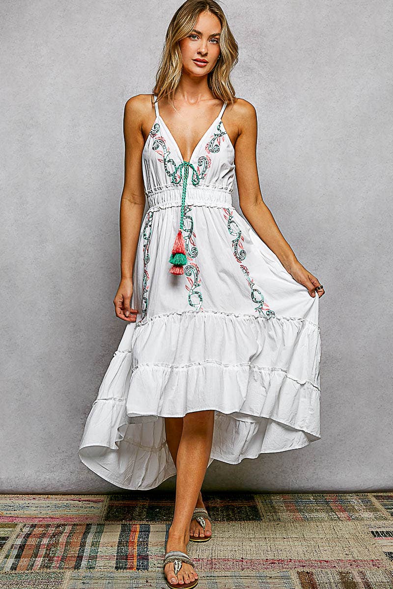 V-Neck Sleeveless Embroidery Tiered Cotton Dress