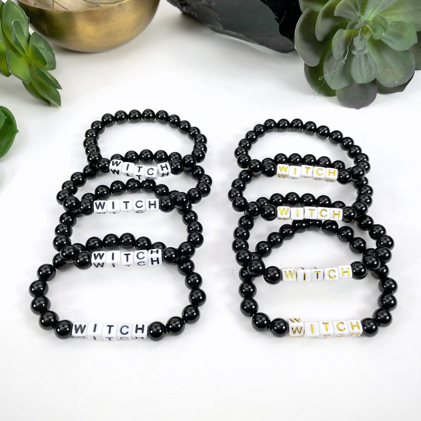 Black Obsidian Beaded Bracelet with "WITCH" Letter Beads - B: B - White Bead Gold Lettering