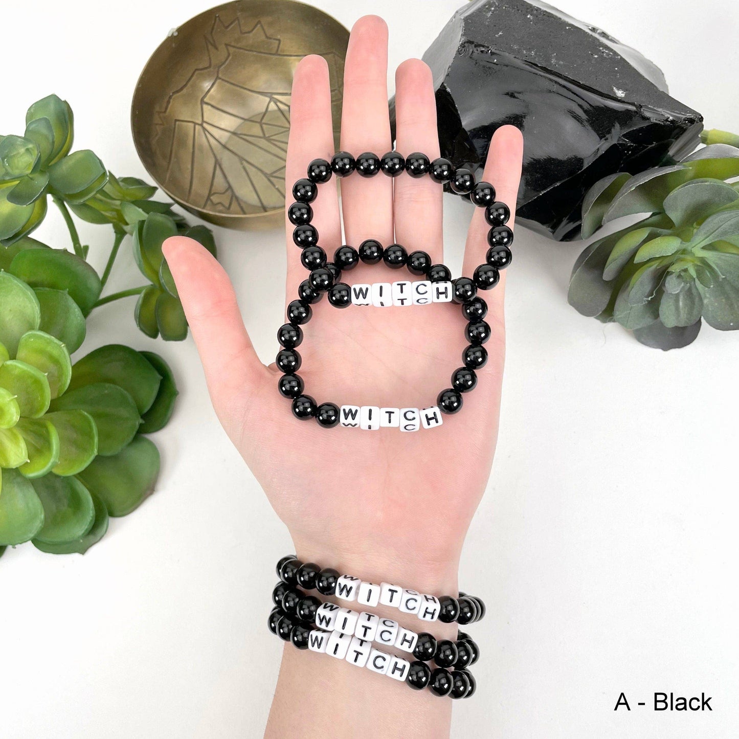 Black Obsidian Beaded Bracelet with "WITCH" Letter Beads - B: C- Black Bead Gold Lettering