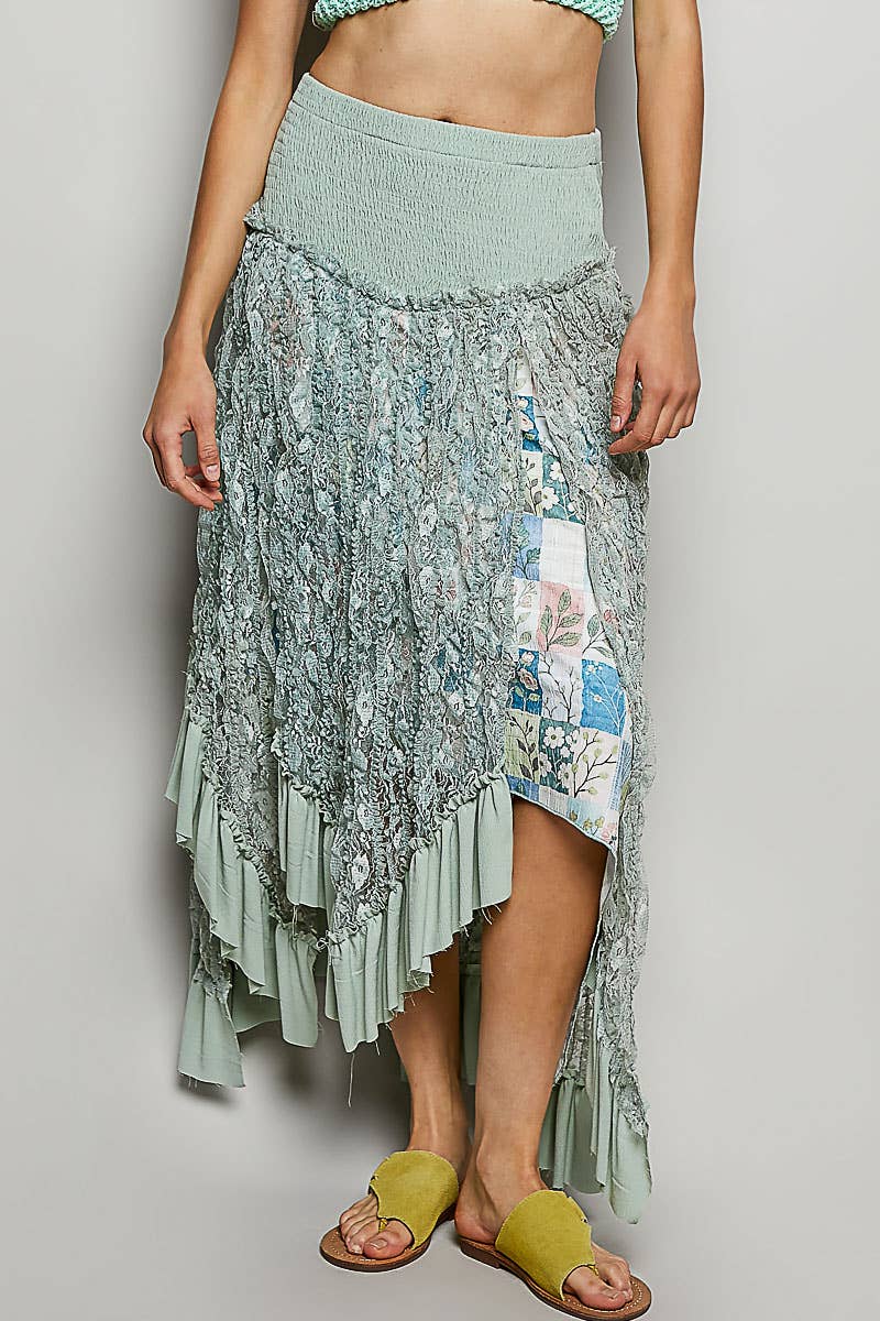 Ruffle Smocked Waist Solid Long Lace Skirt
