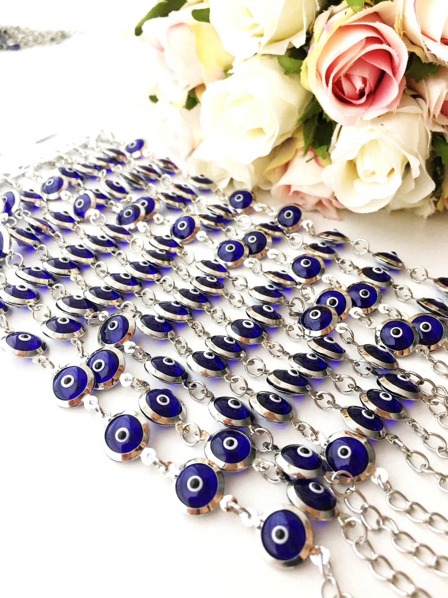 Silver Chain Bracelet, Glass Evil Eye Charm Bracelet, Greek Jewelry