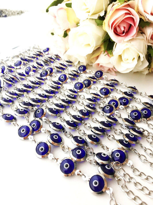 Silver Chain Bracelet, Glass Evil Eye Charm Bracelet, Greek Jewelry