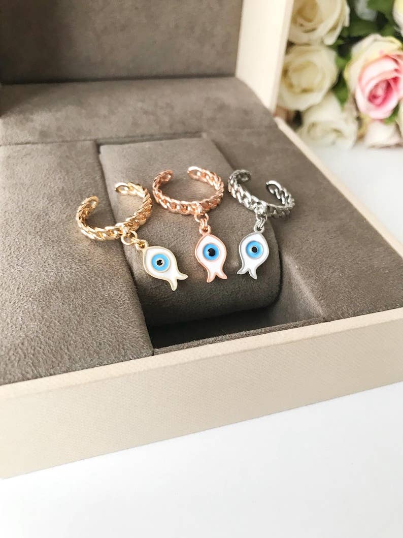 Evil Eye Adjustable Ring Fish or Heart Charm