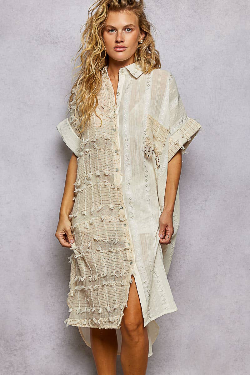 Dangle Trim Textured Cotton Oversized Long Shirt Dress
