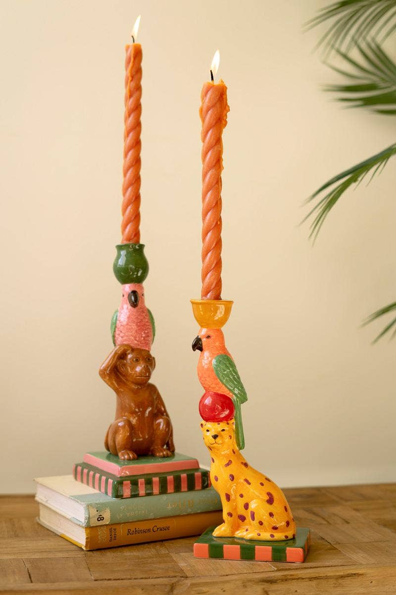 CERAMIC CHEETAH AND MONKEY TAPER CANDLE HOLDERS