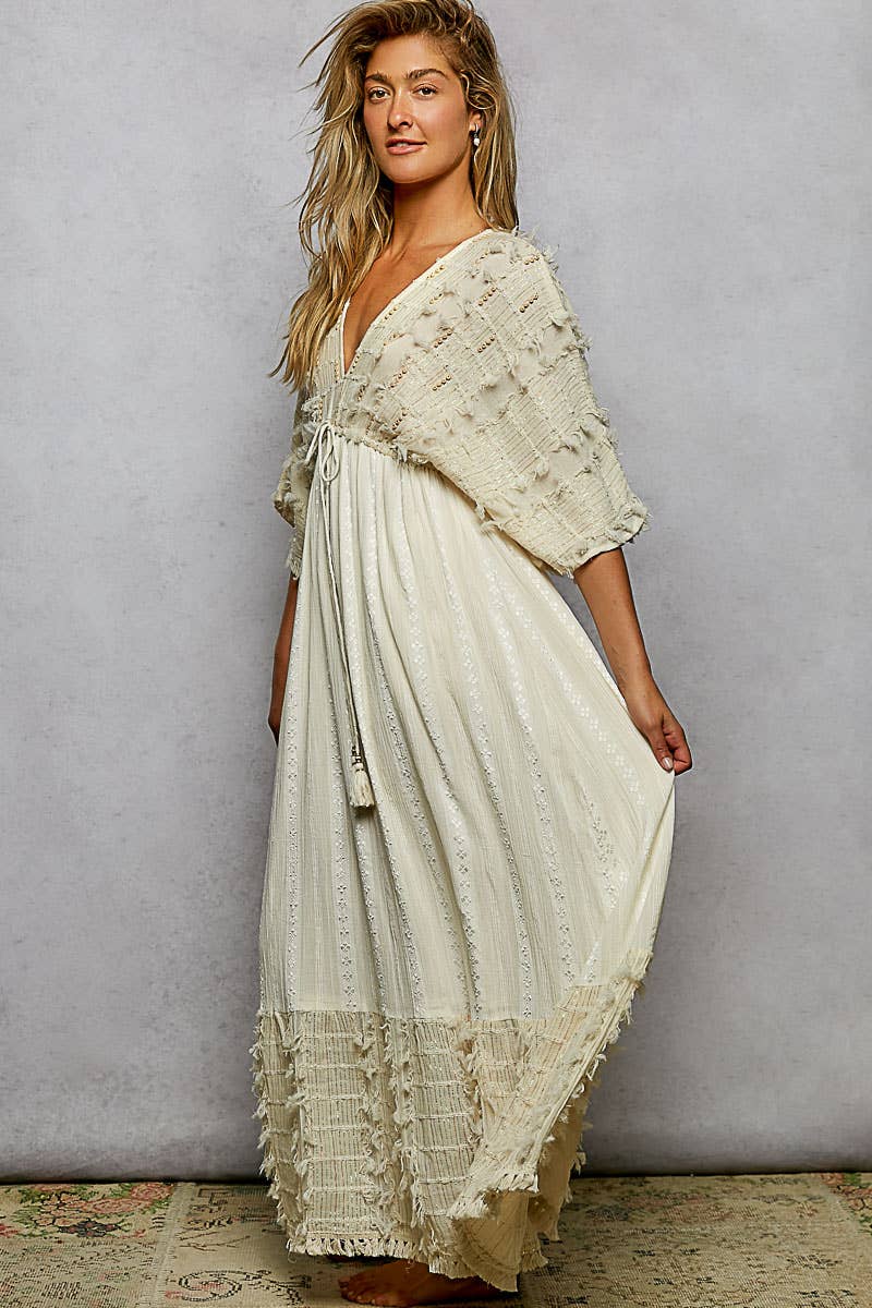 V-neck Metal Button Down Textured Linen Solid Maxi Dress