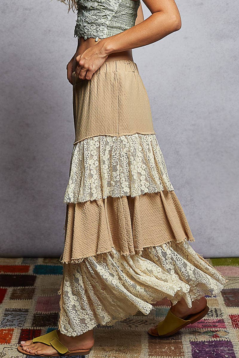 Vintage Double Gauze Lace Ruffle Floral Skirts: Natural, Latte