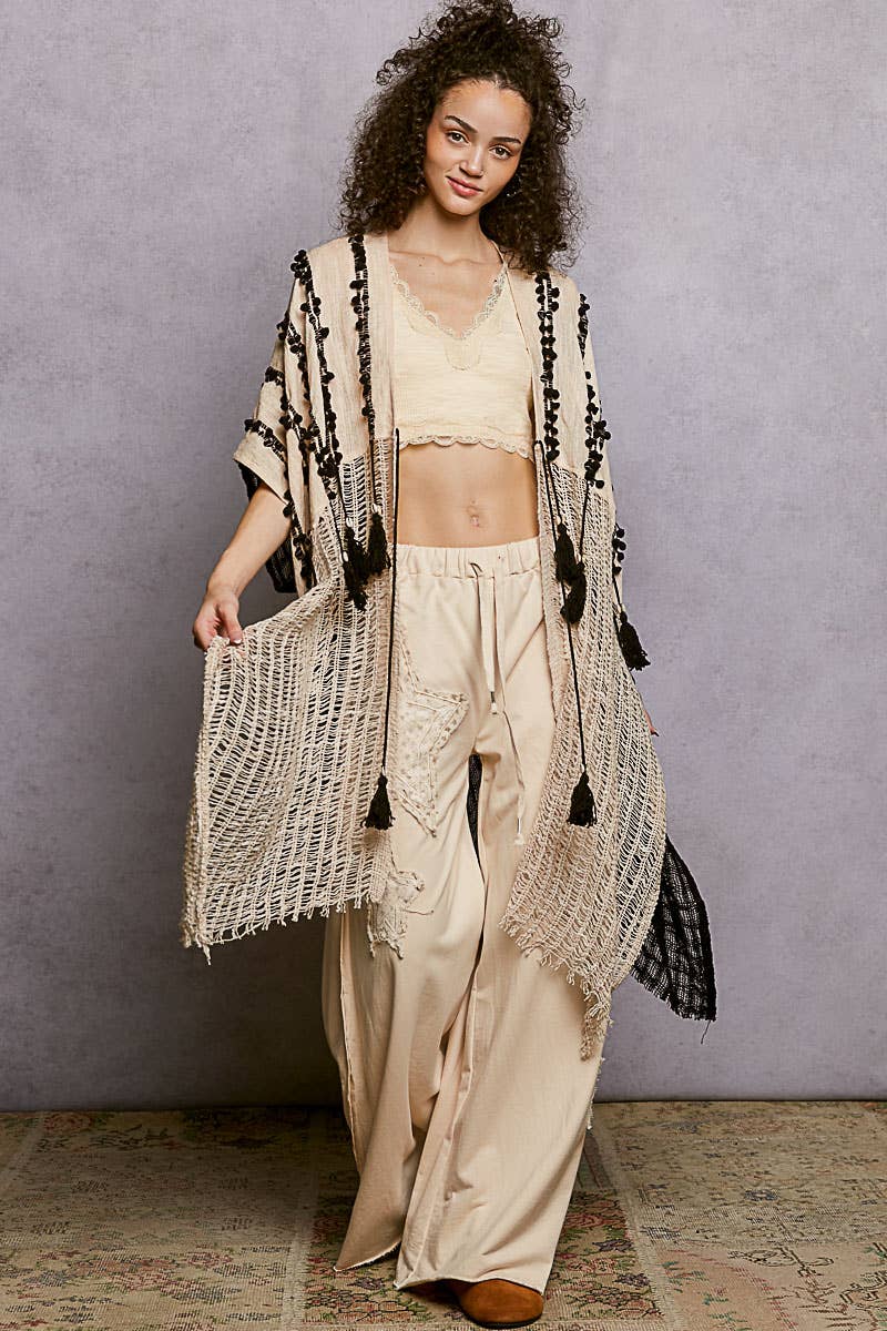 Boho Embroidered Cotton Tassel Loop Midi Cardigan