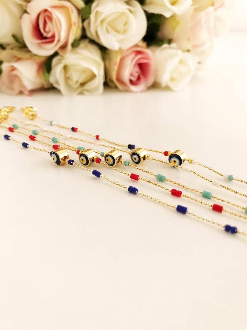 Evil Eye Chain Bracelet, Seed Beads Bracelet, Evil Eye Jewelry