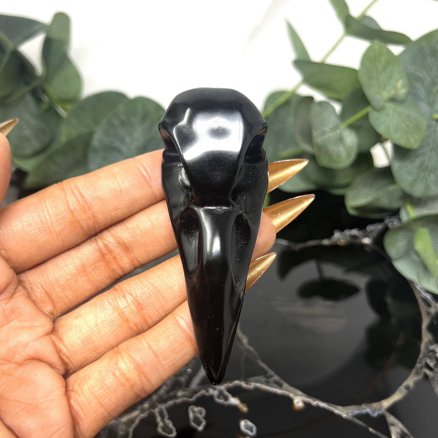 Obsidian Raven Skull Carving - Large