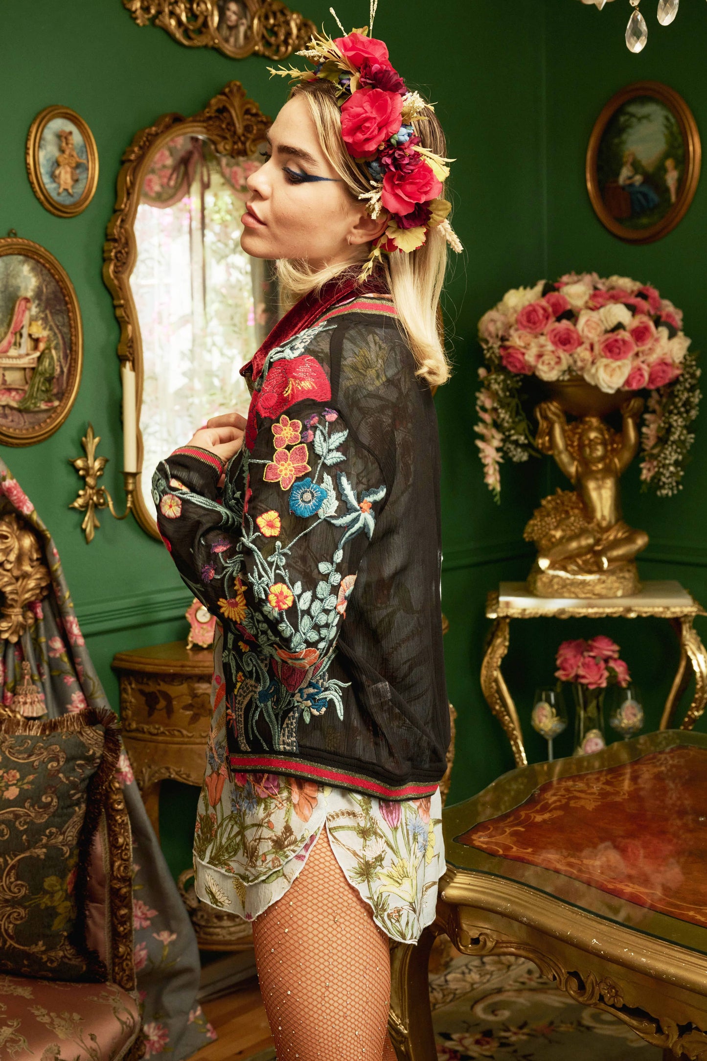 Bellezza Embroidered Bomber Jacket: Black Floral / XL