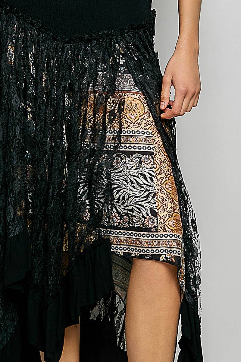Ruffle Smocked Waist Solid Long Lace Skirt