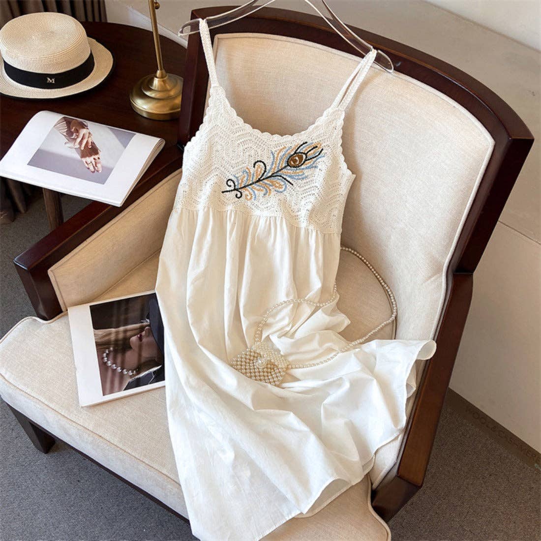 Crosa - Bohemian Crochet Feather Sundress: BEIGE / AVERAGE