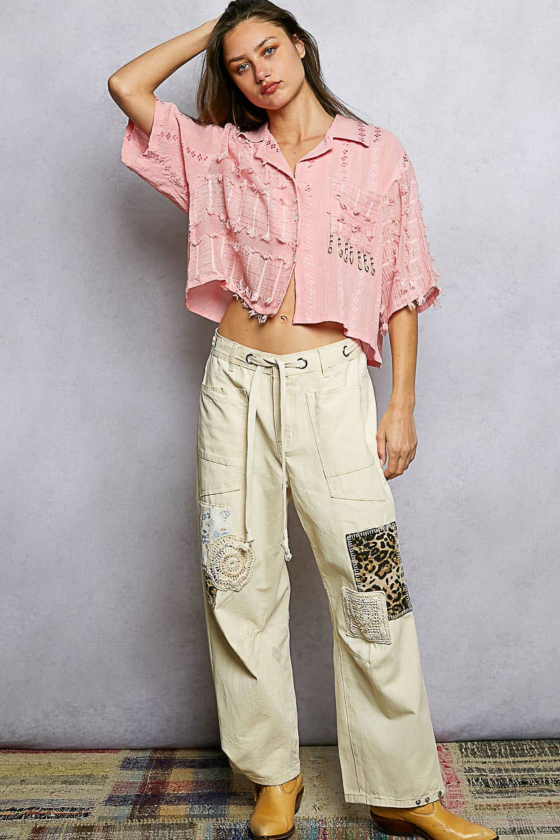 Boho Woven Texture Fringe Shell Beads Short Shirt Top
