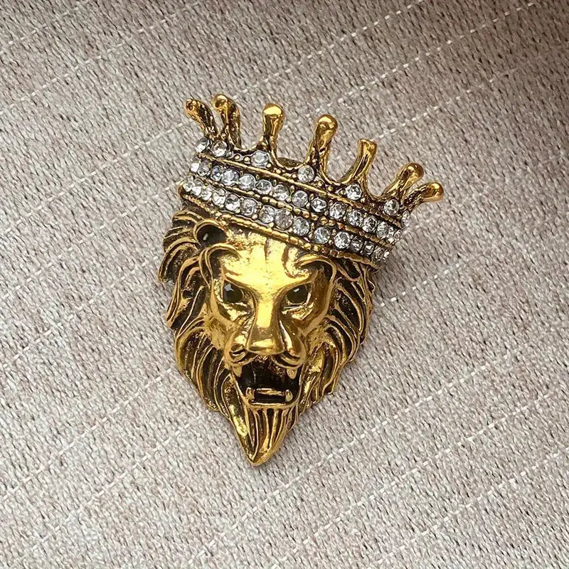 Regal Lion Crown Brooch – Gold & Crystal Suit Pin