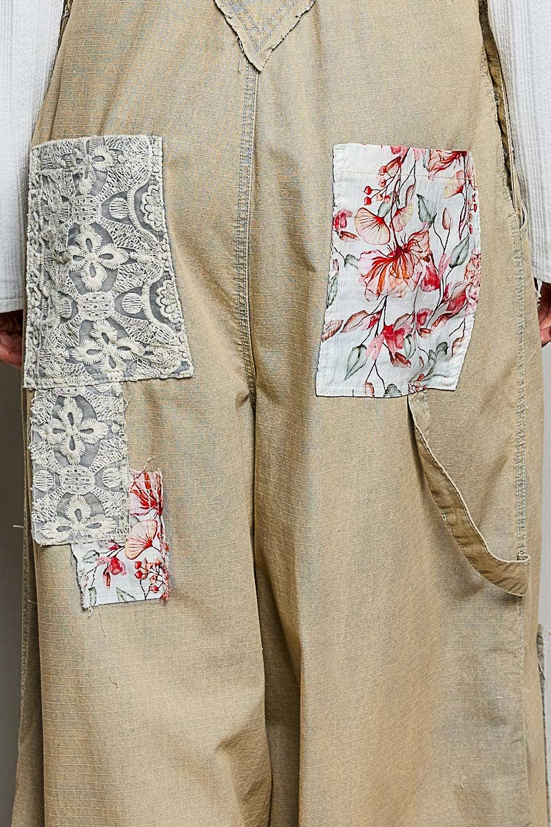 Printed Lace Patch Trim Strap Relaxed Fit Jogger Overall