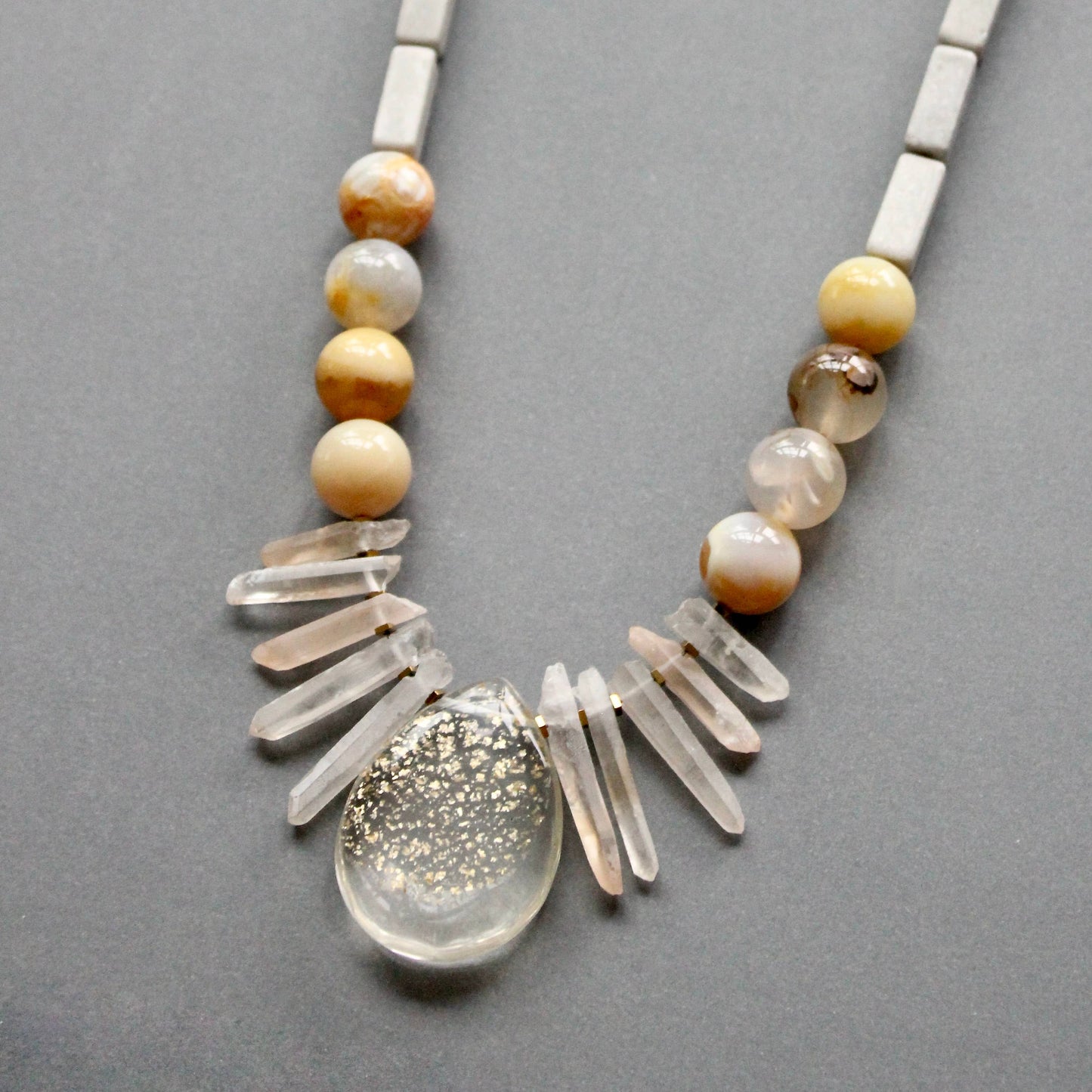 Quartz and yellow agate pendant necklace