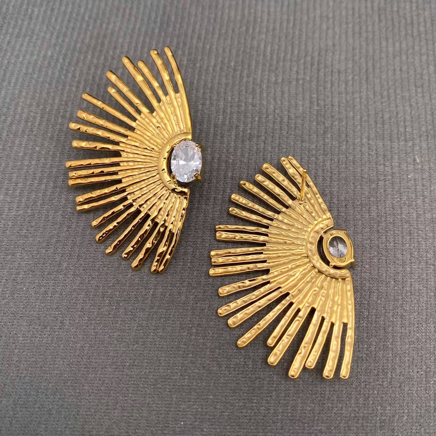 Zircon inlaid Sun rays 18K Gold Plated S.Steel Earrings