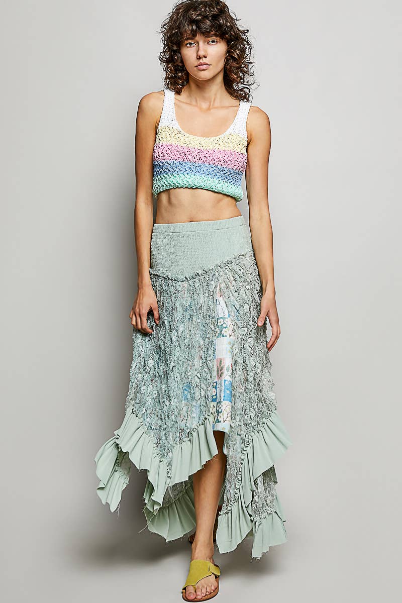 Ruffle Smocked Waist Solid Long Lace Skirt