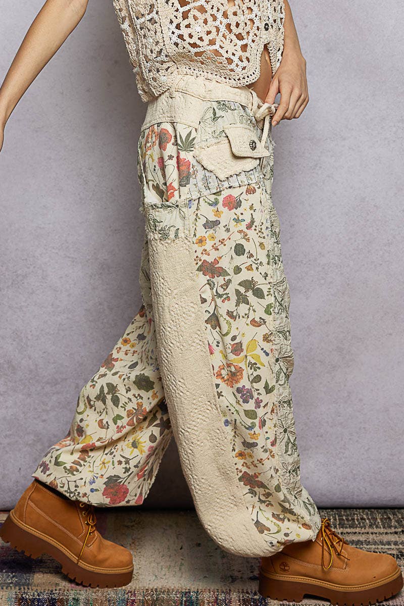 Jacquard Floral Twill Patch Waist Loop Jogger Pants