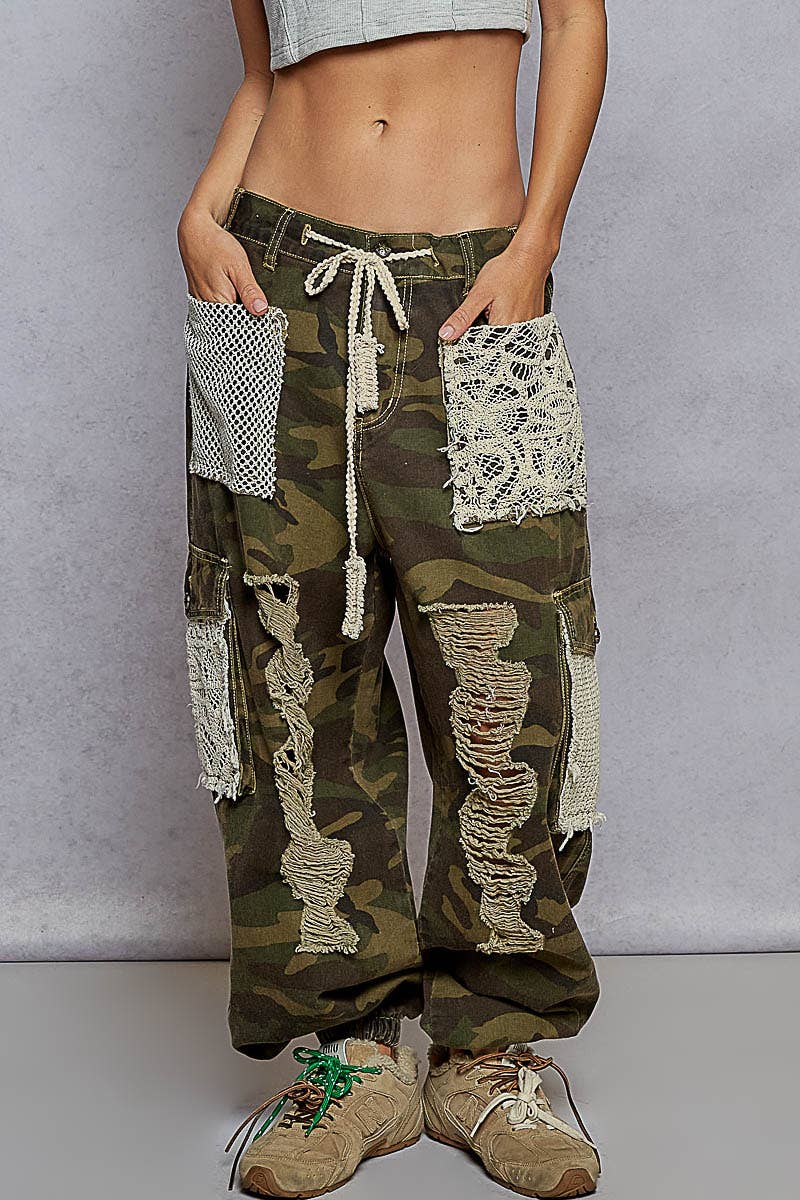 Vintage Wash Crochet Patches Distress Jogger Pants CAMO
