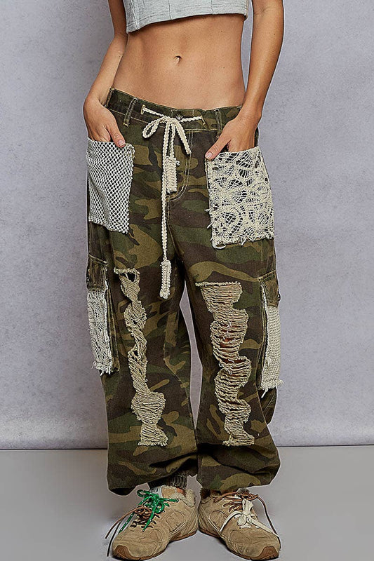 Vintage Wash Crochet Patches Distress Jogger Pants CAMO