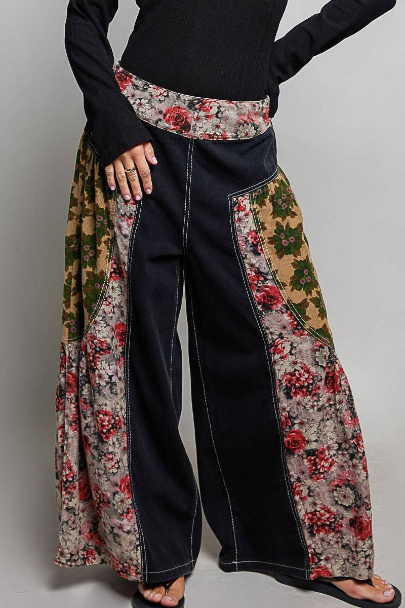 Vintage Washing Floral High Rise Wide Leg Twill Pants