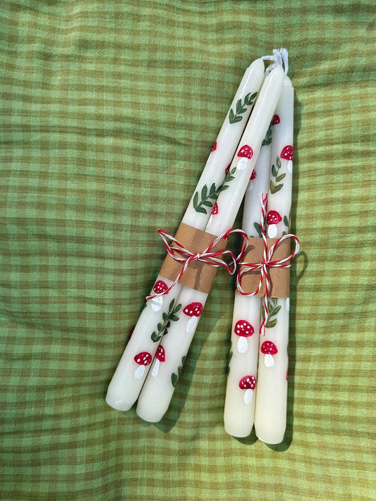 Hand Painted Taper Candle Set of TWO - Mushrooms