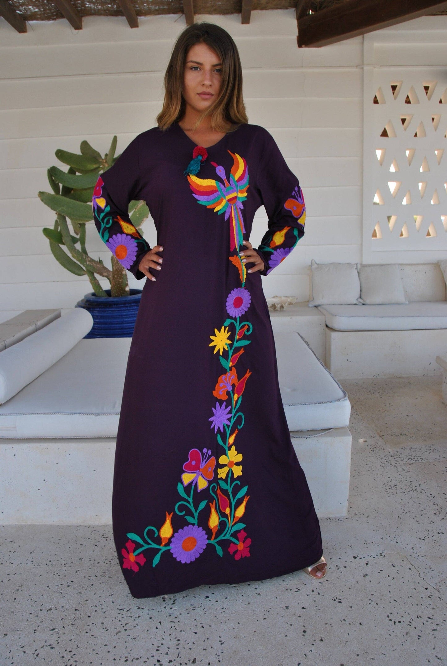 Purple peacock embroidered Caftan, caftans for women, embroidered Caftan dress, Caftan maxi dress, Caftans for women, cotton Caftans: S