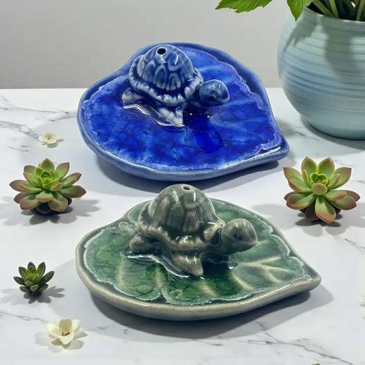 Turtle on Leaf Ceramic Incense Holder